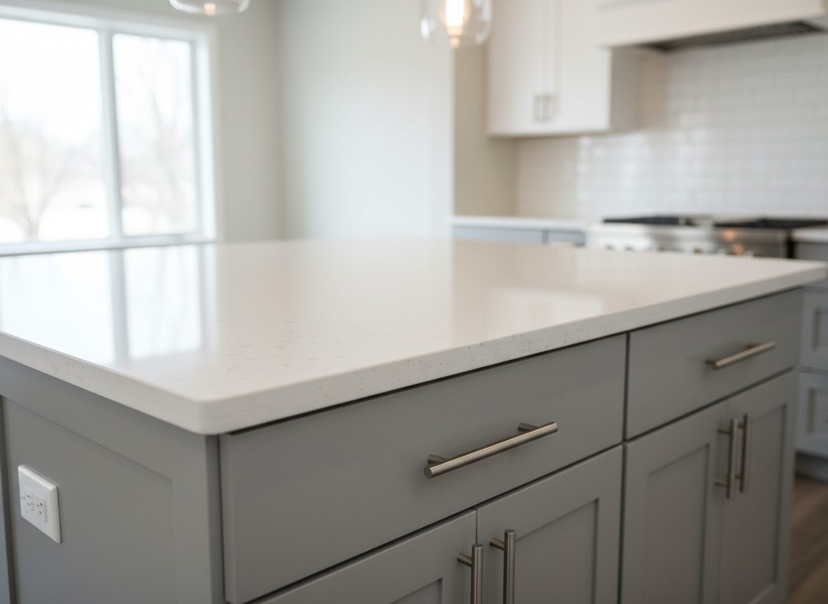 A detailed close-up of a remodeled kitchen island in a Meriden, CT home, emphasizing craftsmanship and material quality. The camera focuses on the polished white quartz countertop with subtle specks, the smooth eased edge profile, and the precise alignment of the gray cabinet doors below, each with brushed nickel bar pulls. In the softly blurred background, a clean backsplash and built-in cooktop suggest a complete renovation. Warm pendant lighting from above creates gentle reflections on the quartz and soft highlights along the hardware, while natural daylight from a nearby window fills the space. Photographic realism with a shallow depth of field, mood is professional and meticulous, highlighting the fine details clients can expect from a specialist renovation firm.