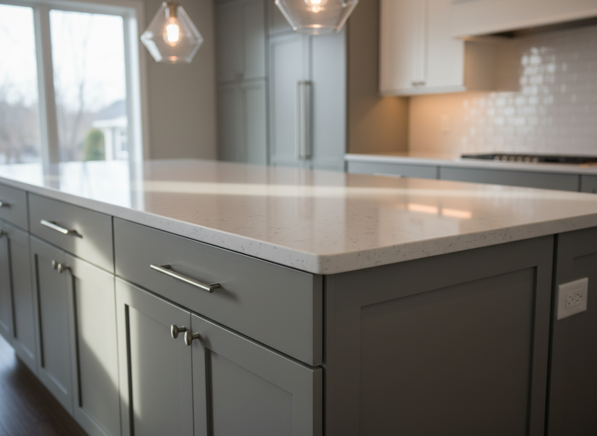 A detailed close-up of a remodeled kitchen island in a Meriden, CT home, emphasizing craftsmanship and material quality. The camera focuses on the polished white quartz countertop with subtle specks, the smooth eased edge profile, and the precise alignment of the gray cabinet doors below, each with brushed nickel bar pulls. In the softly blurred background, a clean backsplash and built-in cooktop suggest a complete renovation. Warm pendant lighting from above creates gentle reflections on the quartz and soft highlights along the hardware, while natural daylight from a nearby window fills the space. Photographic realism with a shallow depth of field, mood is professional and meticulous, highlighting the fine details clients can expect from a specialist renovation firm.