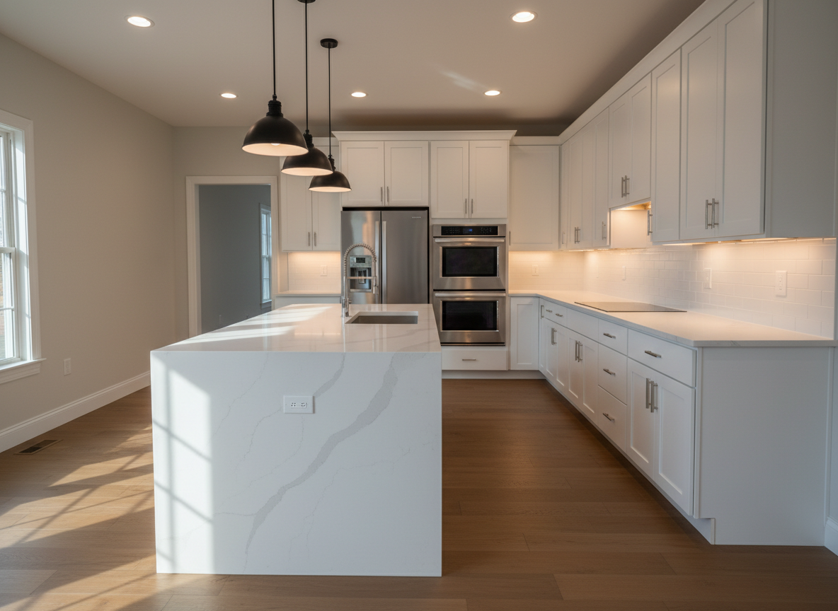 A newly renovated open-concept kitchen in a Meriden, CT home, featuring sleek white shaker cabinets with soft-close doors, a large quartz island with subtle gray veining, and stainless steel appliances integrated seamlessly. The island’s waterfall edge cascades toward a warm-toned, matte oak floor. Under-cabinet LED lighting washes gently over a subway tile backsplash with light gray grout, while soft afternoon light filters through a nearby window, casting clean, natural shadows. Photographic realism, shot at eye level with a wide-angle lens, sharp focus throughout. The mood is professional, polished, and welcoming, presenting a clean, modern aesthetic ideal for a renovation specialist’s homepage hero image.