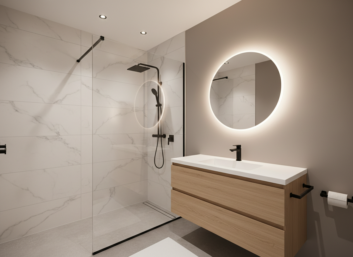A luxurious, fully remodeled bathroom showcasing a frameless glass shower with large-format porcelain tiles in a soft marble pattern, extending from floor to ceiling. A floating vanity with flat-panel light oak drawers and a pure white integrated sink top sits against a smooth, warm gray wall. A backlit, rimless mirror casts a gentle glow, complemented by recessed ceiling lights that create soft highlights and minimal shadows. The matte black fixtures and linear drain add a modern, professional touch. Photographic realism, shot at eye level with a slight angle toward the vanity and shower, maintaining sharp detail across the scene. The atmosphere is serene, spotless, and spa-like, ideal for conveying high-end bathroom renovation expertise.