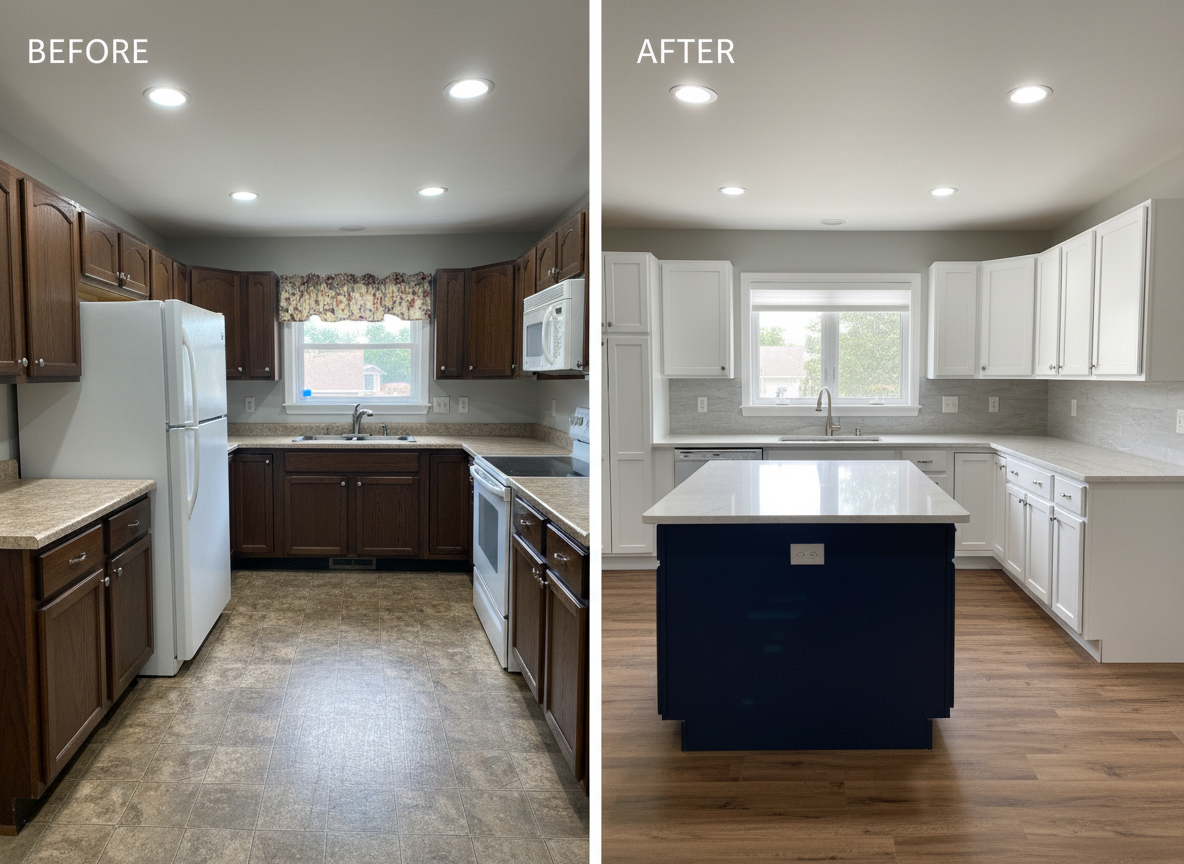 A split-screen, before-and-after photographic composition of a Meriden, CT kitchen renovation. On the left, a dated space with dark oak cabinets, laminate countertops, and worn vinyl flooring, captured in slightly flat, cool lighting. On the right, the same angle reveals a transformed kitchen with bright white cabinetry, a deep navy island, stone-look quartz counters, and warm luxury vinyl plank flooring. Recessed ceiling lights and natural window light create a balanced, inviting glow, emphasizing crisp lines and refined finishes. Shot from a slightly elevated angle, wide enough to show the full room. The overall mood is confident and professional, clearly demonstrating renovation impact while retaining a realistic, local-home feel.