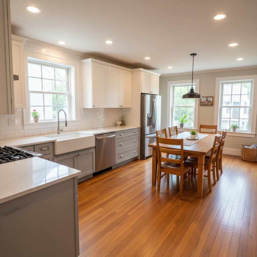 A bright, renovated combined kitchen and dining space in a Meriden, CT colonial home, emphasizing how professional renovations can modernize older houses. The kitchen features white upper cabinets and soft gray lowers, a timeless subway tile backsplash, and a stainless farmhouse sink beneath a large window. The adjacent dining area includes a simple, solid wood table on refinished hardwood floors that run seamlessly between both spaces. Natural daylight streams in from multiple windows, enhanced by recessed lights for even illumination, with gentle shadows under cabinets. Photographic realism, shot from a slightly elevated corner perspective to capture flow between rooms. The atmosphere is open, clean, and family-ready, with a subtle sense of local New England character in the trim and window details.