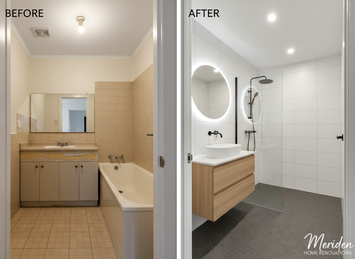A side-by-side, before-and-after photographic image of a small, outdated bathroom transformed by a professional renovation. On the left, a cramped space with beige tile, a basic fiberglass tub-shower combo, and an old vanity with a yellowed countertop. On the right, the same layout reimagined with a walk-in glass shower, large matte white wall tiles, a hexagonal charcoal floor, and a compact floating vanity in natural wood with a sleek vessel sink. Overhead recessed lighting and soft, diffused window light create an airy, bright feel, eliminating shadows in corners. Captured from the doorway with a wide-angle lens to show the improved sense of space. The mood is uplifting and modern, showcasing practical upgrades for local Meriden homes.