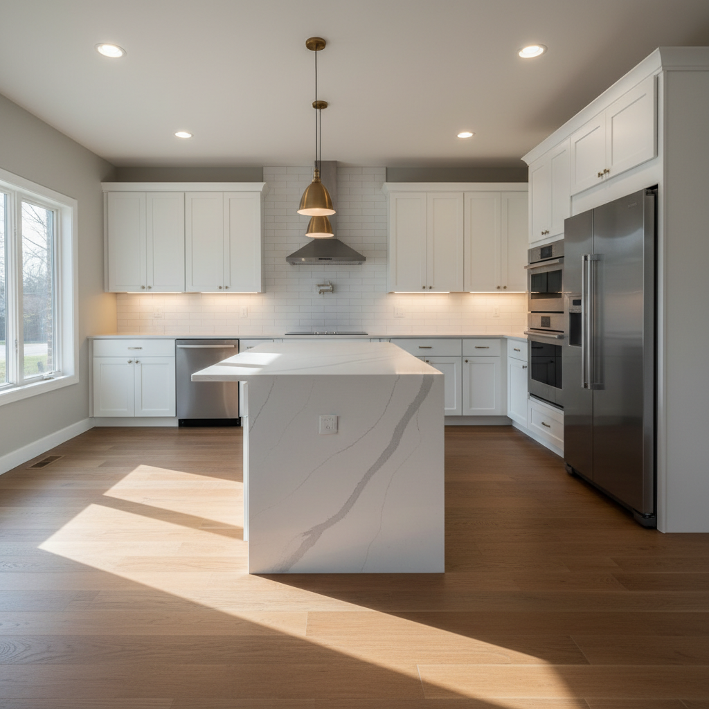 A newly renovated open-concept kitchen in a Meriden, CT home, featuring sleek white shaker cabinets with soft-close doors, a large quartz island with subtle gray veining, and stainless steel appliances integrated seamlessly. The island’s waterfall edge cascades toward a warm-toned, matte oak floor. Under-cabinet LED lighting washes gently over a subway tile backsplash with light gray grout, while soft afternoon light filters through a nearby window, casting clean, natural shadows. Photographic realism, shot at eye level with a wide-angle lens, sharp focus throughout. The mood is professional, polished, and welcoming, presenting a clean, modern aesthetic ideal for a renovation specialist’s homepage hero image.